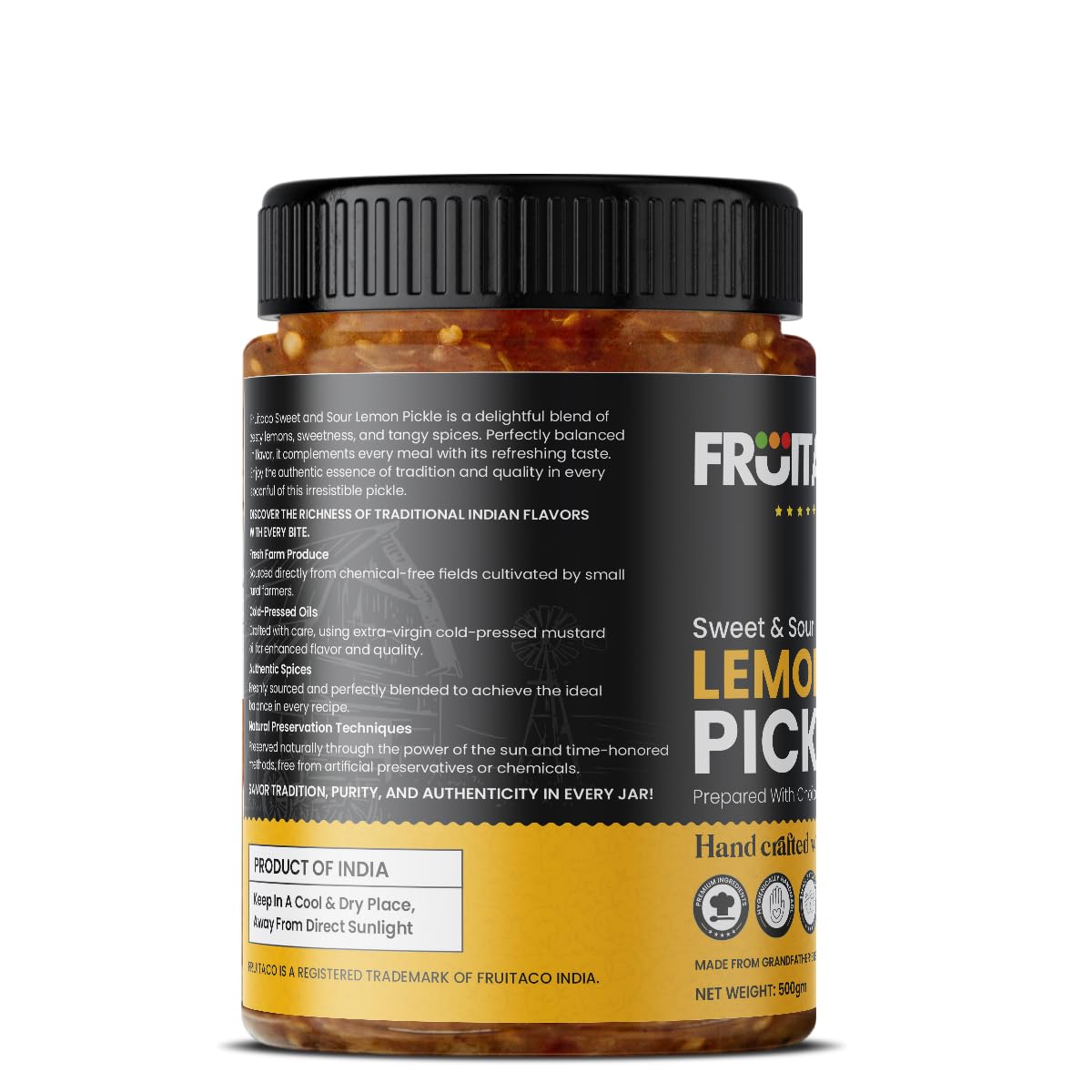 Fruitaco Lemon Pickle – Authentic Indian Pickle with Tangy and Spicy Flavor | Perfect Side for Meal (500 Gm, Sweet & Sour Lemon Pickle) - Image 2 thumbnail