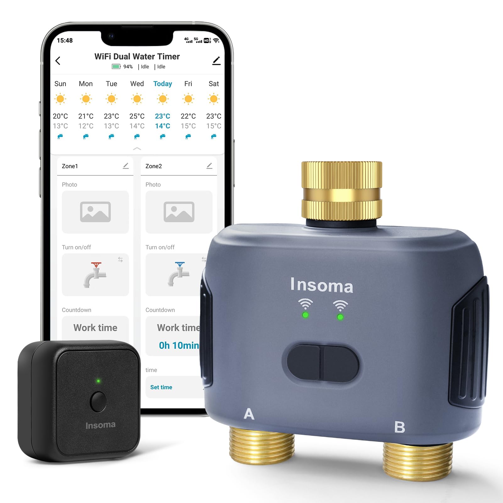 2-Zonen-Wasser-Timer mit Messing-Ein- und Auslass, Sprinkler-Timer für Gartenschlauch, APP-Fernbedienung, WiFi-Schlauch-Timer mit Gateway, Sprachsteuerung mit Alexa, Regenverzögerung und manueller Mod