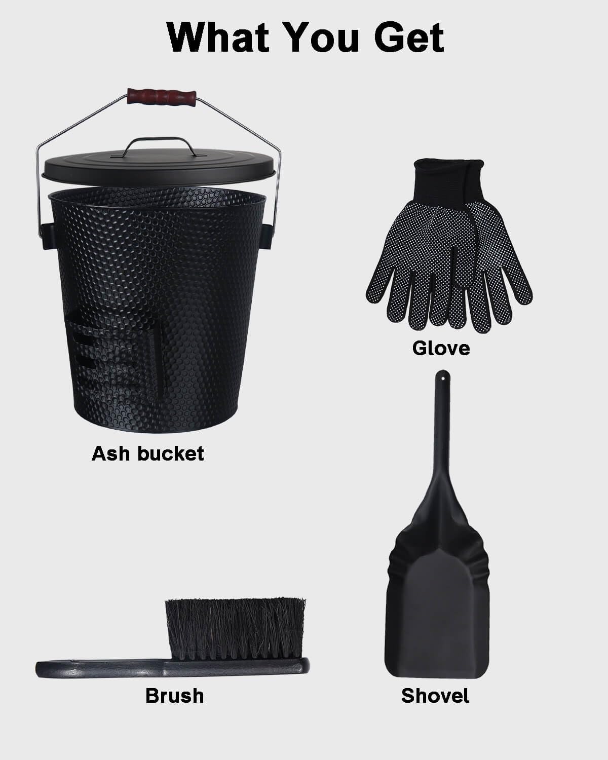Cubo de ceniza de 5 galones con tapa, pala, escoba y guantes, hierro galvanizado resistente, resistente al fuego, acabado negro, perfecto para chimeneas, fogatas, estufas de leña y parrillas