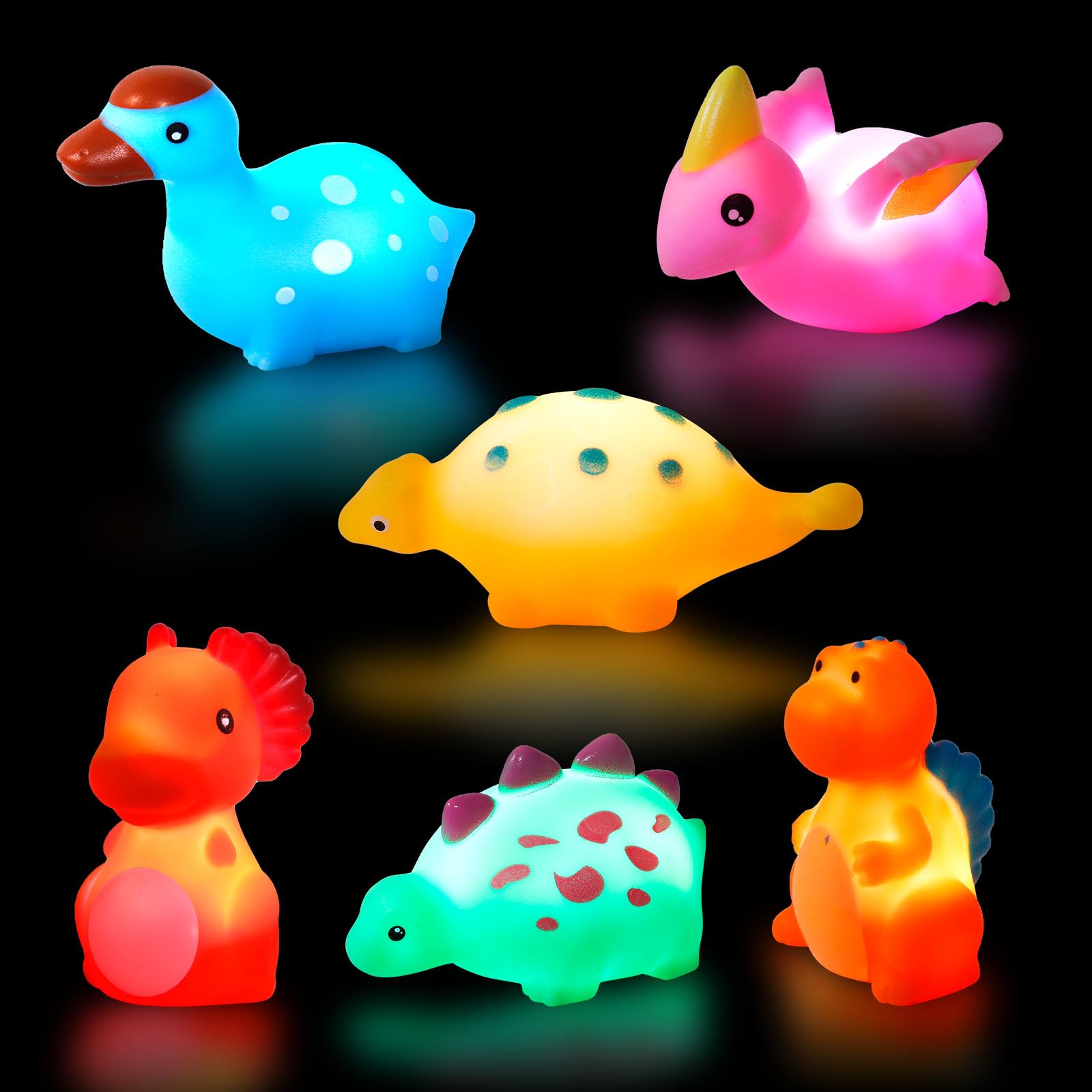JiosdoDinosaur Bath Toys, Pack of 6 LED Bath Toys for Baby & Toddler, Green PVC Material, Automatic Light, Dinosaurs Theme