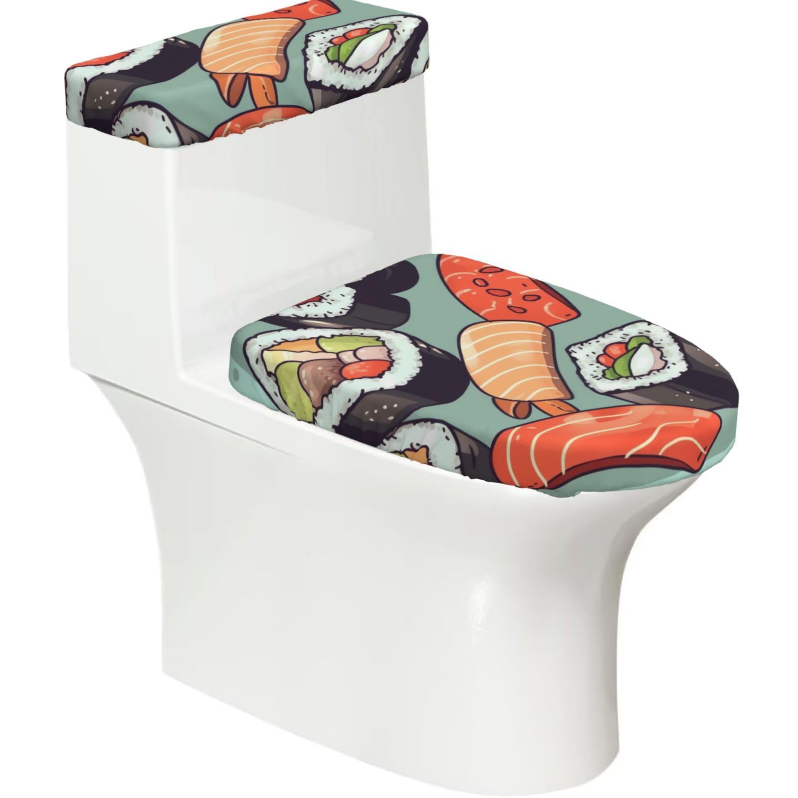 Fodpand Black Sushi Toilet Lid Cover And Toilet Tank Cover Set, Washable Soft Toilet Seat Cover With Elastic Bottom, Universal Stylish Toilet Cover Set For Bathroom Decor Accessories