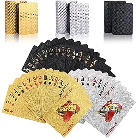 wdede 3 Stück Spielkarten Pokerkarten, Kunststoff Spielkarten, Wasserfeste Spielkarten, Standard Spielkarten, Familienparty Spiel Playing Cards (Goldfolie, Schwarzefolie, Silberfolie) Cover