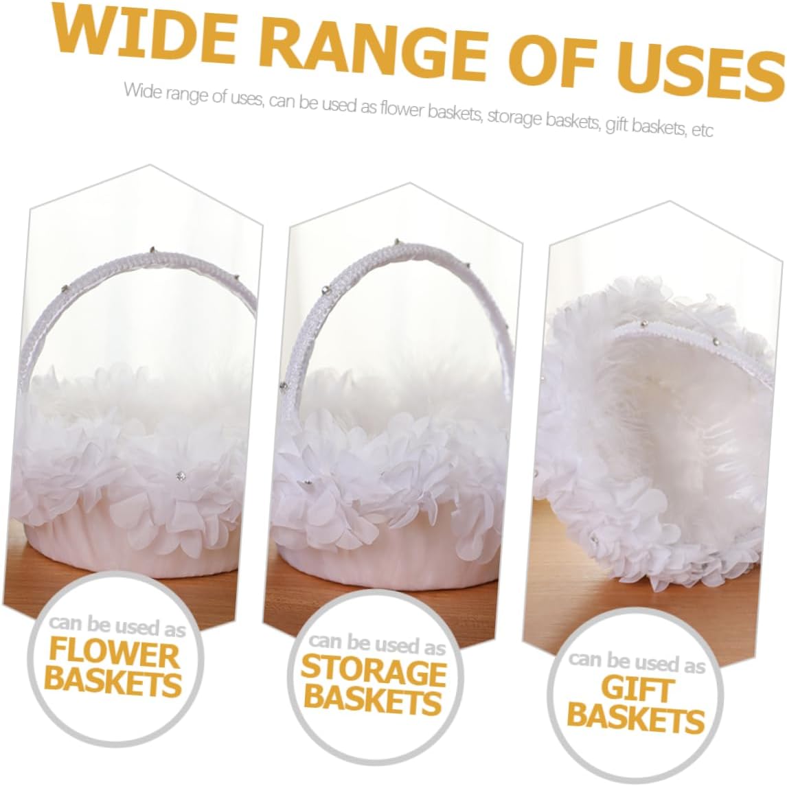 Healeved Flower Girl Basket with Lace Rose Floral Design, White Wedding Ceremony Basket with Handle, Decorative Wedding Party Supplies for Flower,