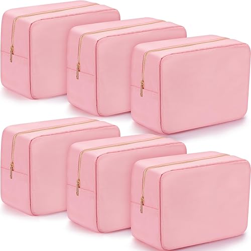 6 bolsas de cosméticos extra grandes de nailon con cremallera para lápices, artículos de tocador, bolsa de viaje, bolsa de viaje para mujer, Rosado