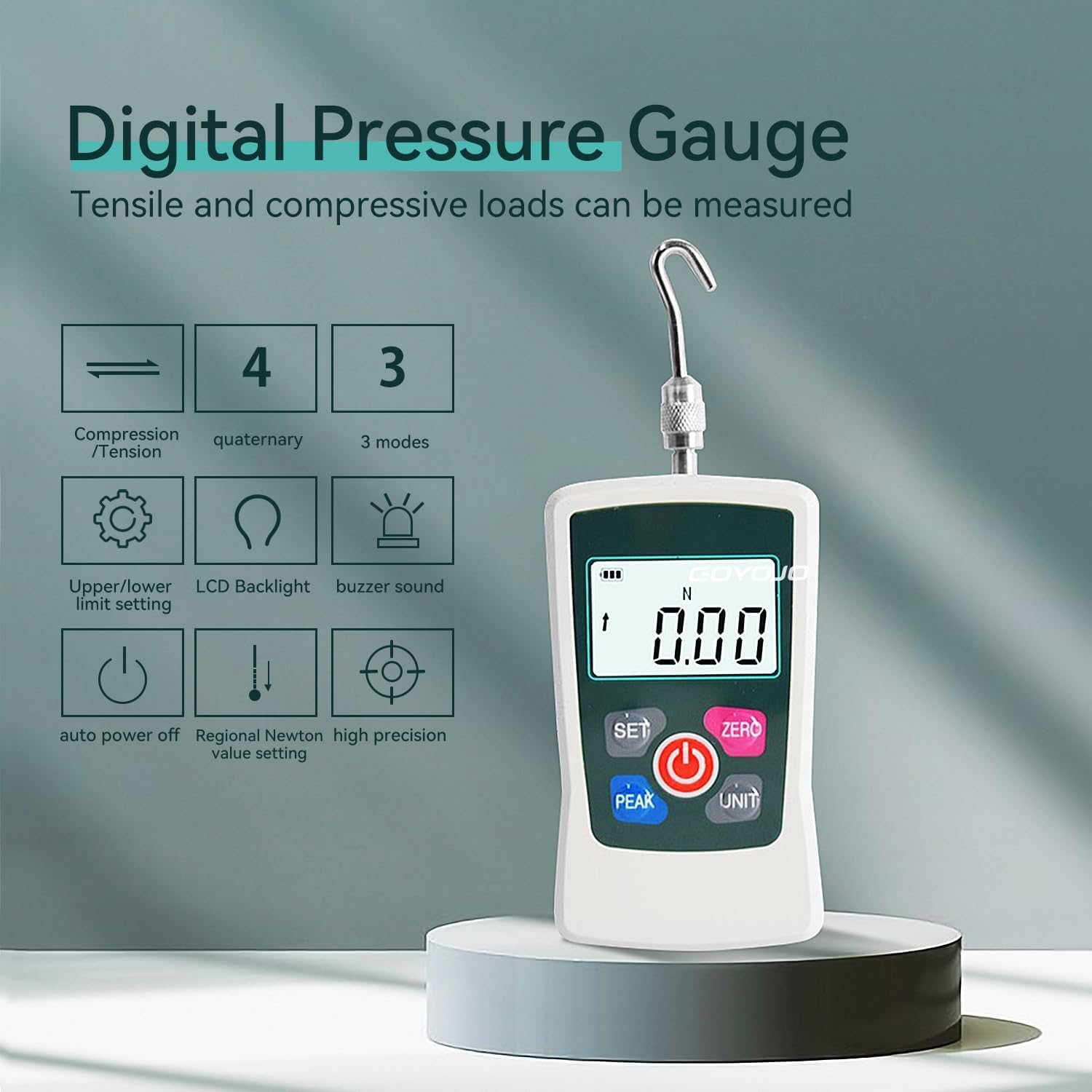 GOYOJO Medidor de Fuerza Digital, Dinamometro Push-pull de Alta Precisión para Ensayos de Tensión y Compresión Unidades (N, kg, lb, oz) Modos Tiempo Real/Pico/Primer Pico para Control de Calidad (50N)