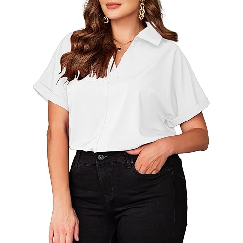 IN'VOLAND Plus Size V Neck Collared Tops Short Sleeve Blouse Casual Tunic Women's Shirt 2024