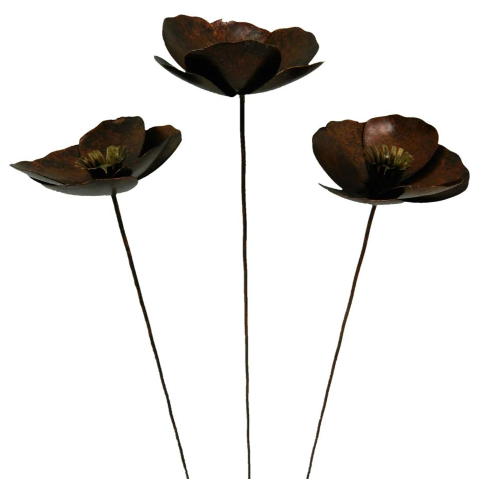 Handcrafted Metal Poppy Flower Garden Ornaments, Set of Three, 100cm Tall - Bronze Colour - Outdoor Garden Decorations for Borders, Pots, Flower Beds & Memorials , Fairly Traded Decor - Bronze Poppy