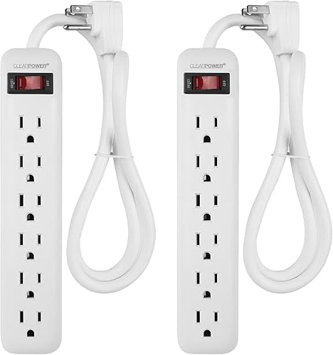 Clear Power 6 Outlet Power Strip 3 ft Power Cord, Low-Profile Flat Plug, 3-Prong Grounded, White, 15 Amp Circuit Breaker, 2 Pack, DC3S-00222P-DC