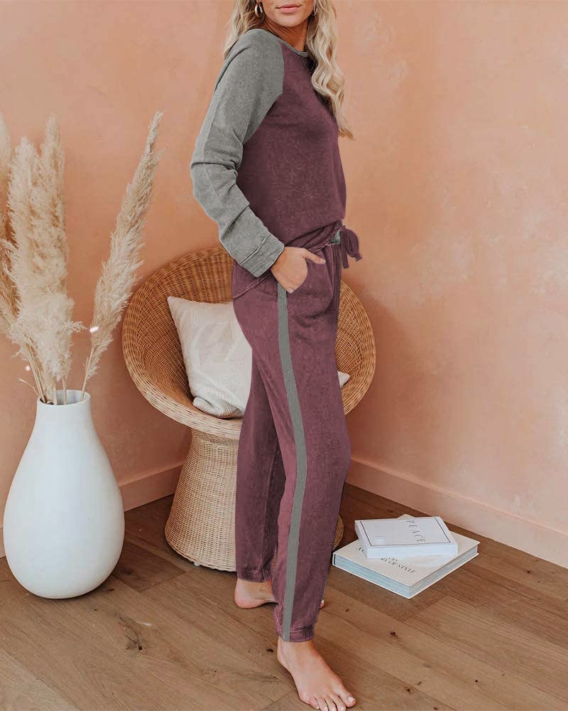 Ekouaer Ensembles de Pyjama Femme à Manches Longues Hiver Vêtements de Nuit à Col Rond Couleur Contrastée S-XXL