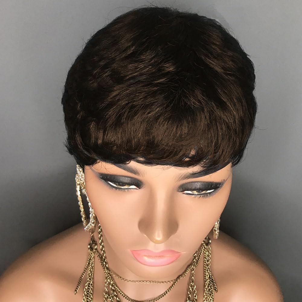 Short Human Hair Pixie Cut Wigs for Black Women Chocolate Brown Glueless Pixie Wig None Lace Front Wig with Bangs Natural Straight Wig 4# Color - Image 3