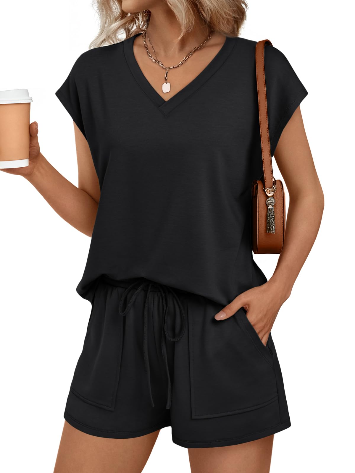 AUTOMET Women 2 Piece V Neck Matching Lounge Sets Clothing Spring Cap Sleeve Shirt and Shorts 2026 Summer Airport Outfit