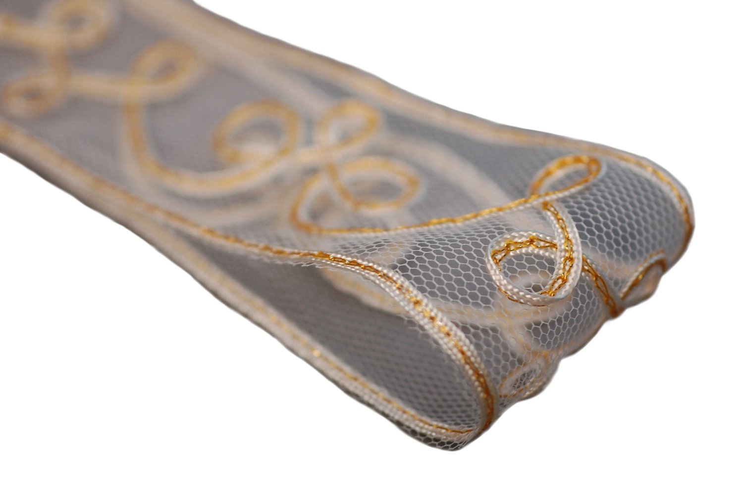 NEOTRIMSArts & Crafts Decorative Ribbon Trim Border Net Base Satin Tape Applique. Beautiful Wedding Trimming in 3 Gorgeous Colours Black, White and Gold - Gold On Off-White - 1 Meter