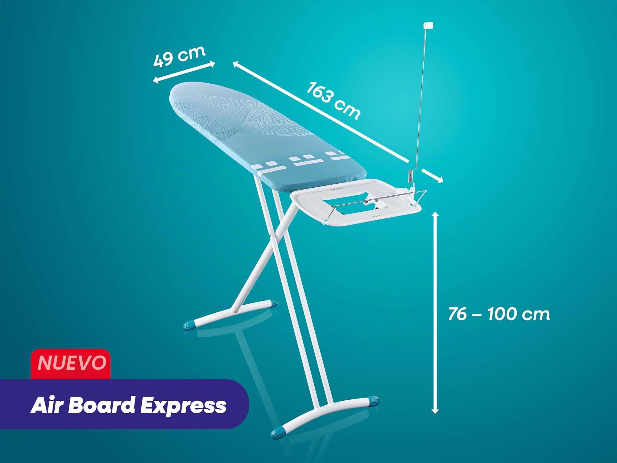 Leifheit Tabla de Planchar Air Board Express L, Ultraligera Vapor | Superficie 130 x 38 cm, altura regulable hasta 100 cm, bandeja grande para centro de planchado, funda de algodón perforado