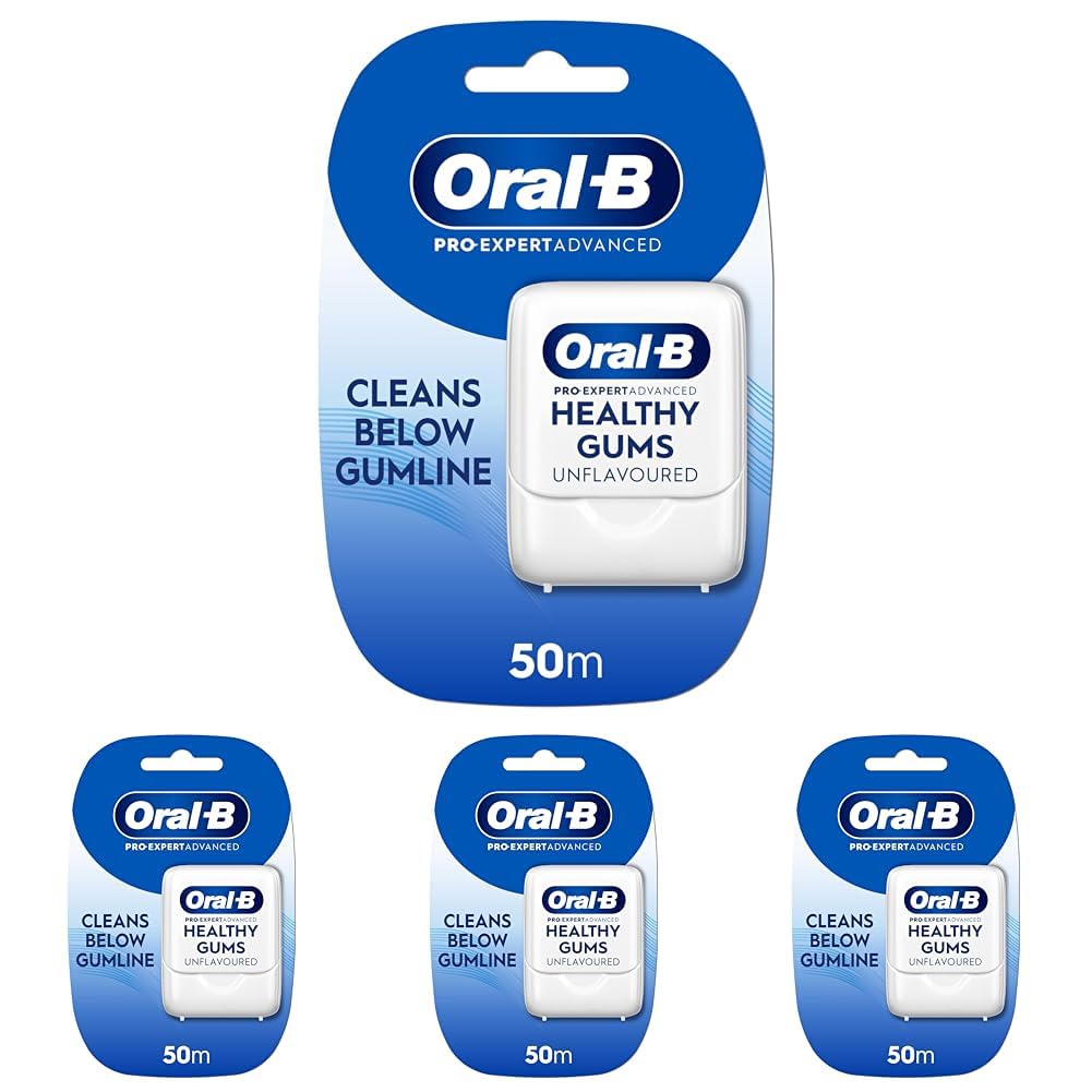 Oral-B Pro-Expert Advanced Waxed Dental Floss - Healthy Gums - Helps Prevent Gum Problems- Cleans Below The Gumline - Unflavoured Dental Tape - 50m (Pack of 4)