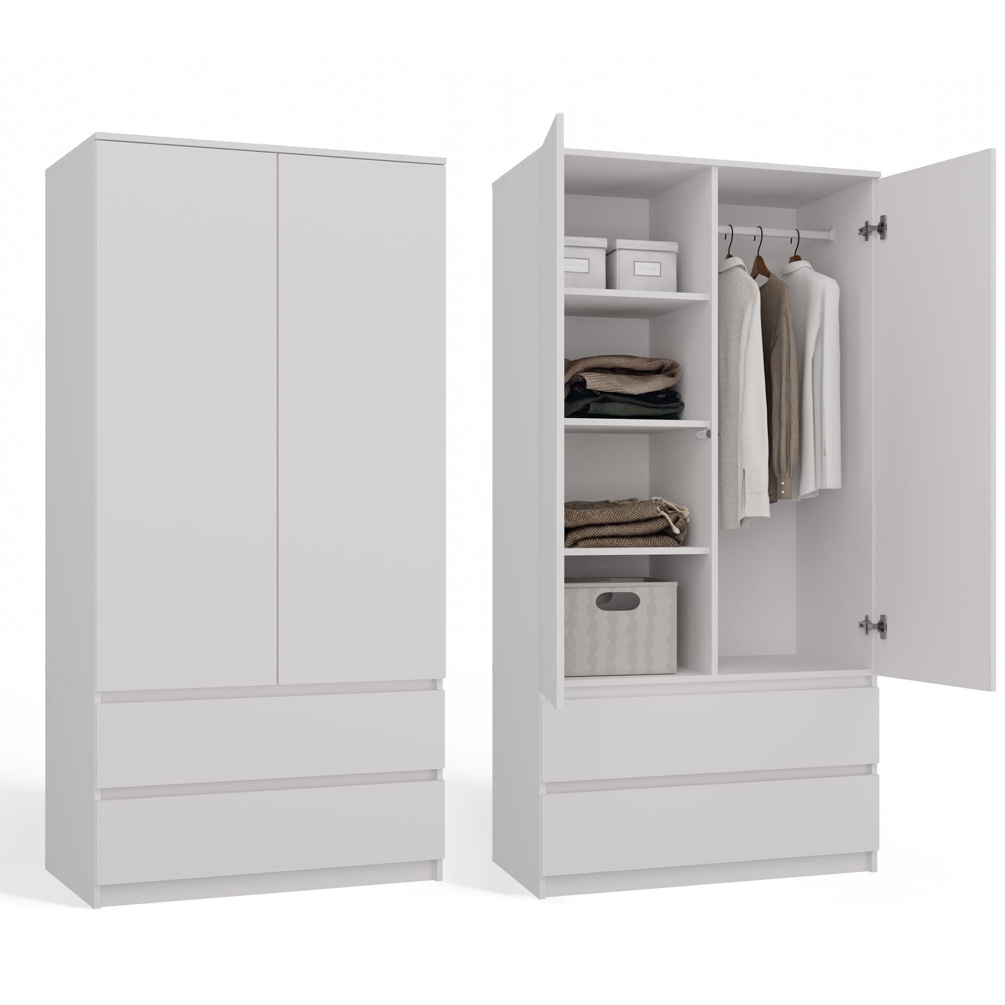 CDF Armoire Chambre 2 Portes 2 Tiroirs avec Etagères, Adult Bedroom Armoire Une Tringle Dressing Placard Multifonction Meuble de Penderie Panneau Stratifié 16mm Largeur 90 cm Blanc