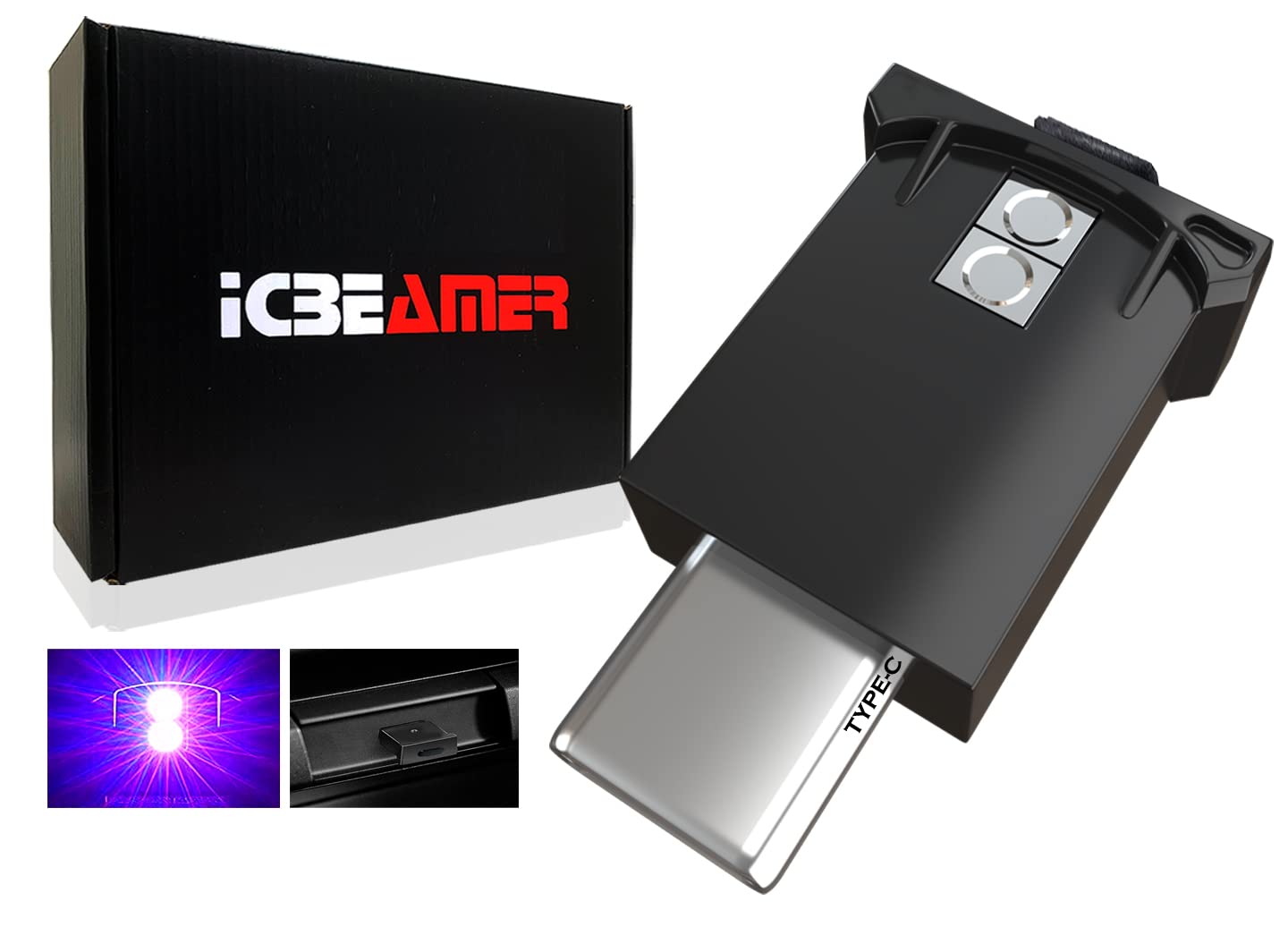 ICBEAMER Type C Adapters USB Ambient Light - 2 pcs (Purple) | Smart Interface, Miniature LED Night Lights for Car Interior, Trunk, Van, Pickup, Easy Plug-in, Enhance Automotive Ambiance.