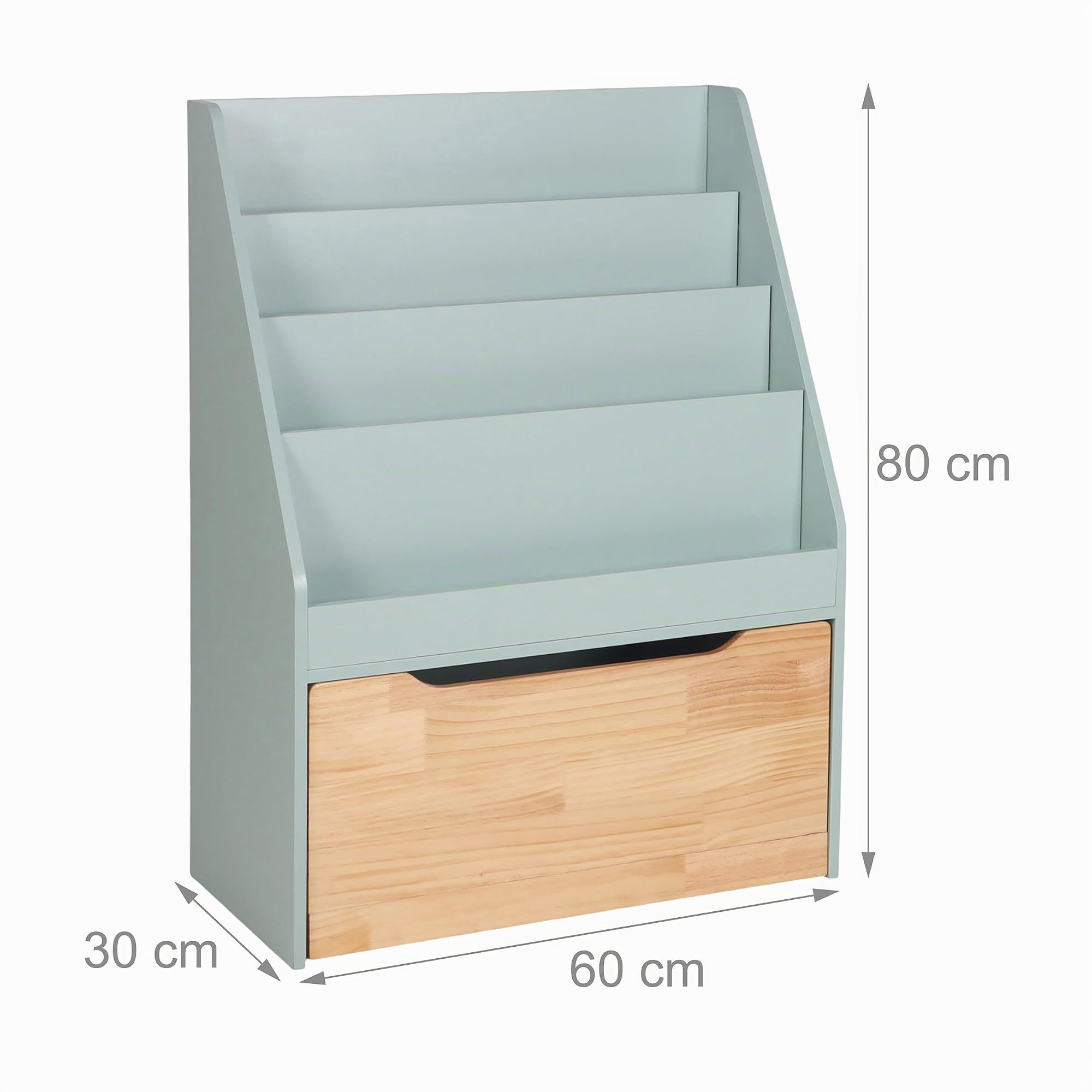 Estantería Relaxdays para niños, 80 x 60 x 30 cm, 4 estantes, Caja de Juguetes con Ruedas, Turquesa/Natural