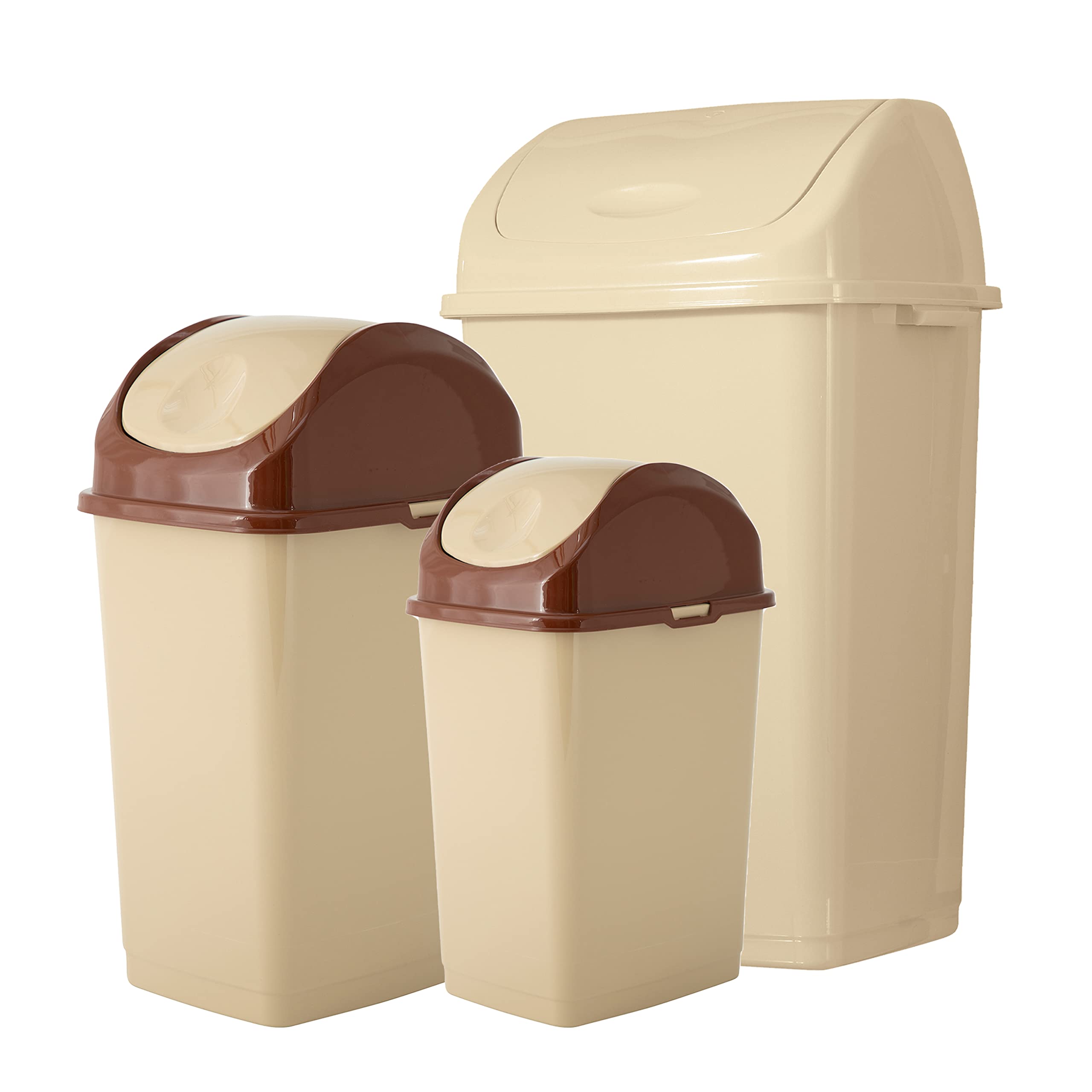 Superio Swing Top Trash Can, Waste Bin for Home, Kitchen, Office, Bedroom, Bathroom, Ideal for Large or Small Spaces - Beige (3 Pack- 4.5 Gal, 9 Gal,