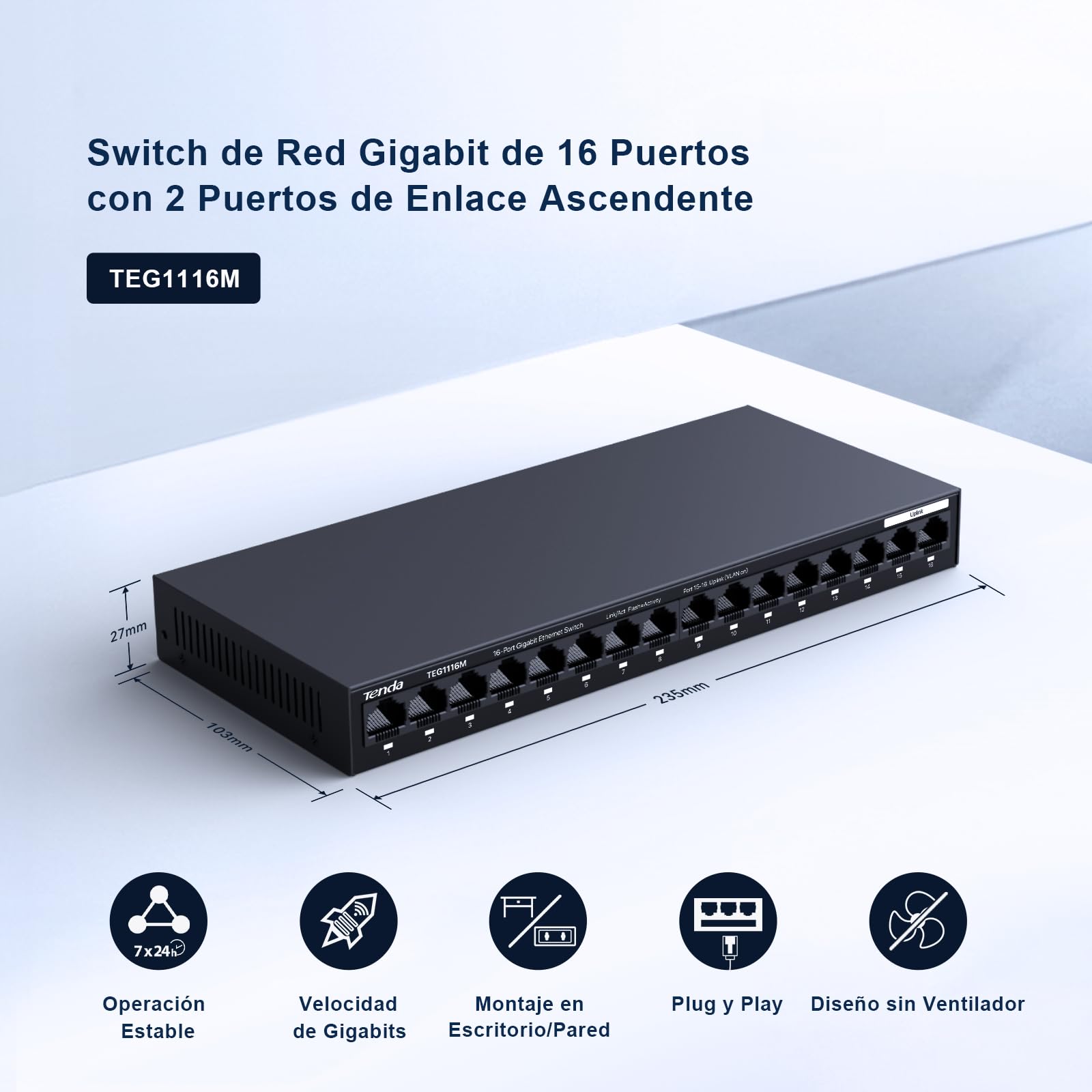 Tenda TEG1016M Switch Ethernet Gigabit, 16 Puerto 10/100/1000Mbps, Una Clave Vlan,Protección contra Rayos, Escritorio o de Montaje en Pared, Plug & Play, No Requiere Configuración, Silencio, Metal
