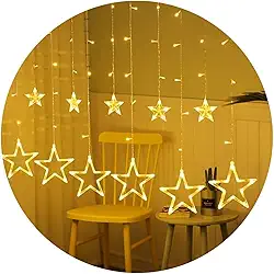 Cascata de LED Estrela, Cortina Luminosa com 138 LEDs, 2,5m, 12 Estrelas Decorativas, Multifunção com Conector de Emendas, Enfeite Loja Shopping (Branco Quente, 220v - 2,5m)
