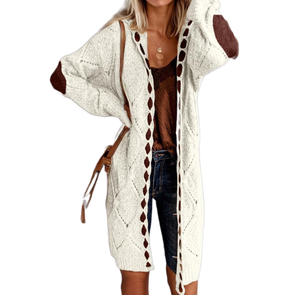Womens Long Sleeve Cable Knit Cardigan Open Front Jacket Fall Winter Casual Long Sweater Hooded Chunky Coat Beige