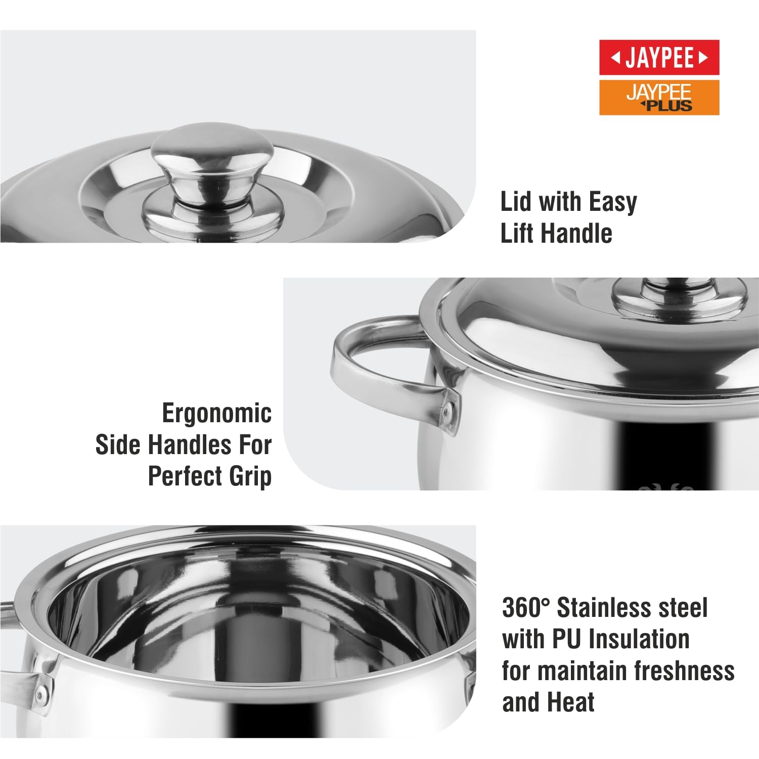 JAYPEE SteelGrip Stainless Steel Casserole 2 Liter PU Insulated with Side Handles Press Fit Lid BPA Free Food Grade Hot Pot for Meal Easy to Store Ideal for Pulao Chapatti Roti Serving Casserole Set 3