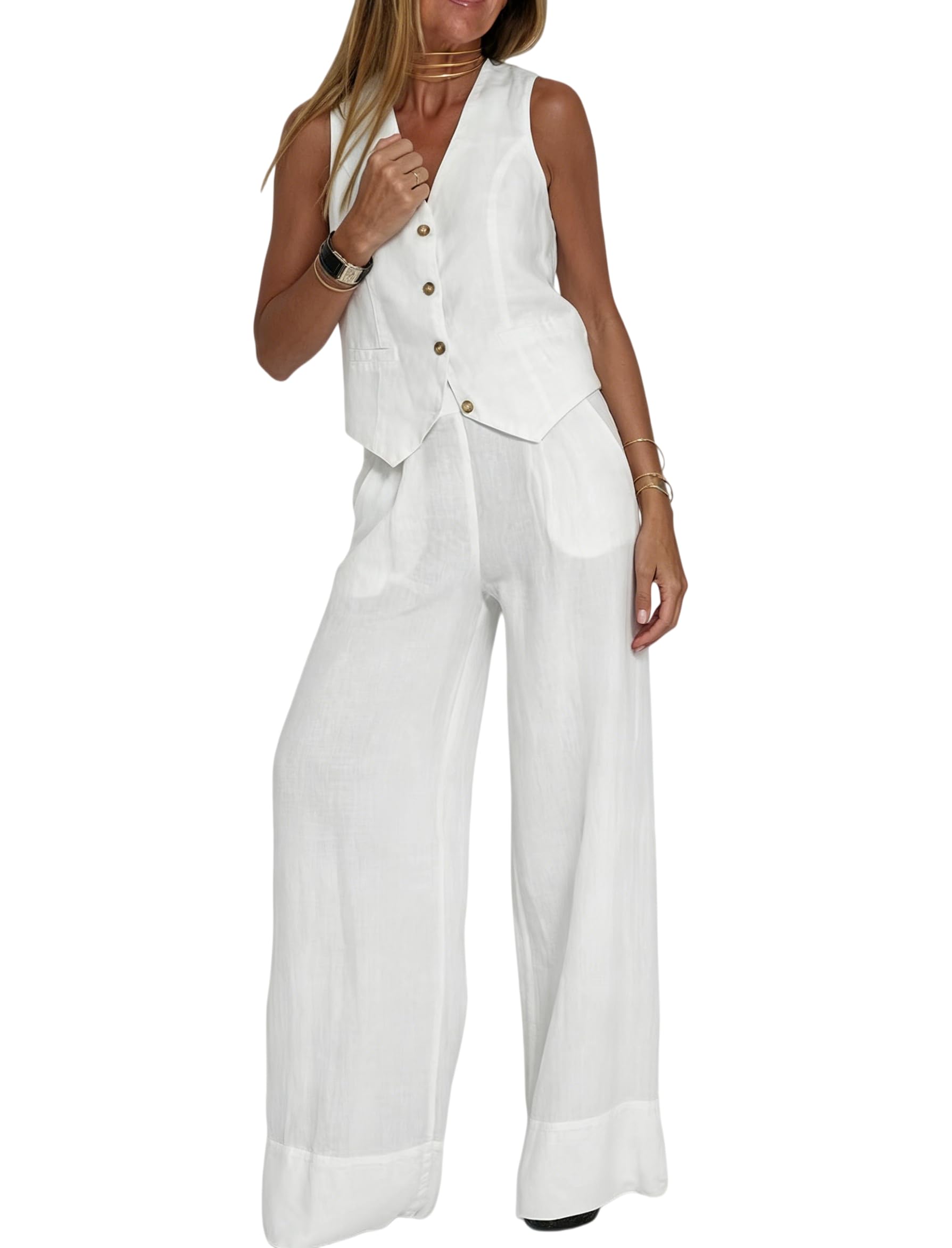Ensemble Femme Chic Et Elegant Ensemble Deux Pièces Pour Femme Gilet En Lin Sans Manches À Col En V Et Pantalon Large Assorti Idéal Pour Le Travail Les Voyages Et Les Occasions Décontractées
