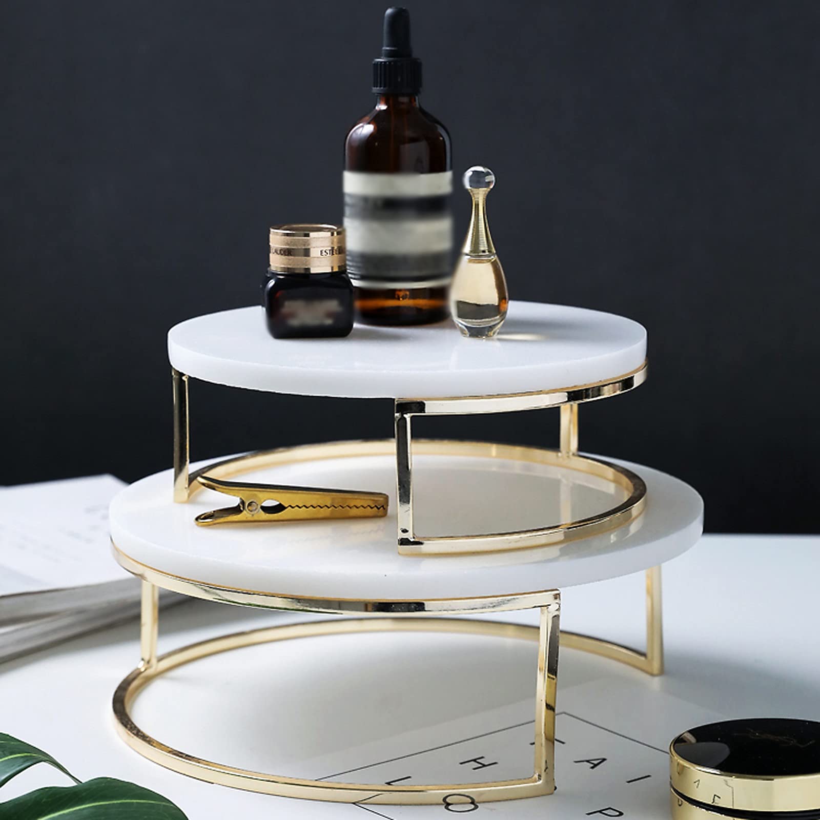 Présentoir à Gâteau Table de dessert de gâteau rond créatif rond de la table de dessert de marbre avec une base de mariée métallique gâteau à gâteau de pâtisserie (blanc / gris) Stand de Gâteaux