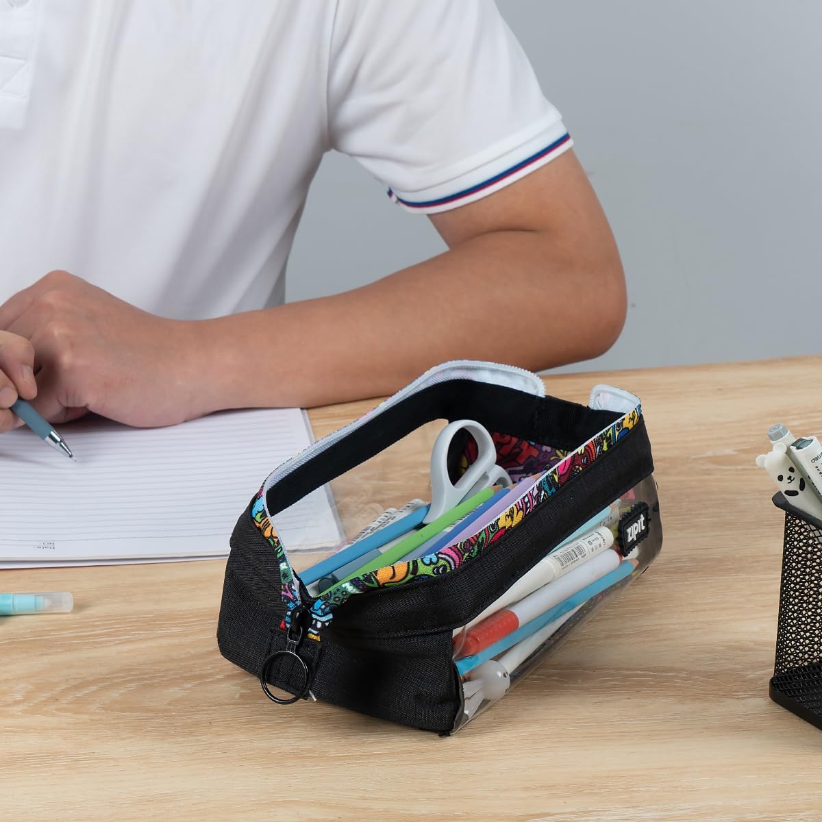 ZIPIT Lenny Clear Pencil Case, Wide-Opening Zipper Pouch for Girls and Boys
