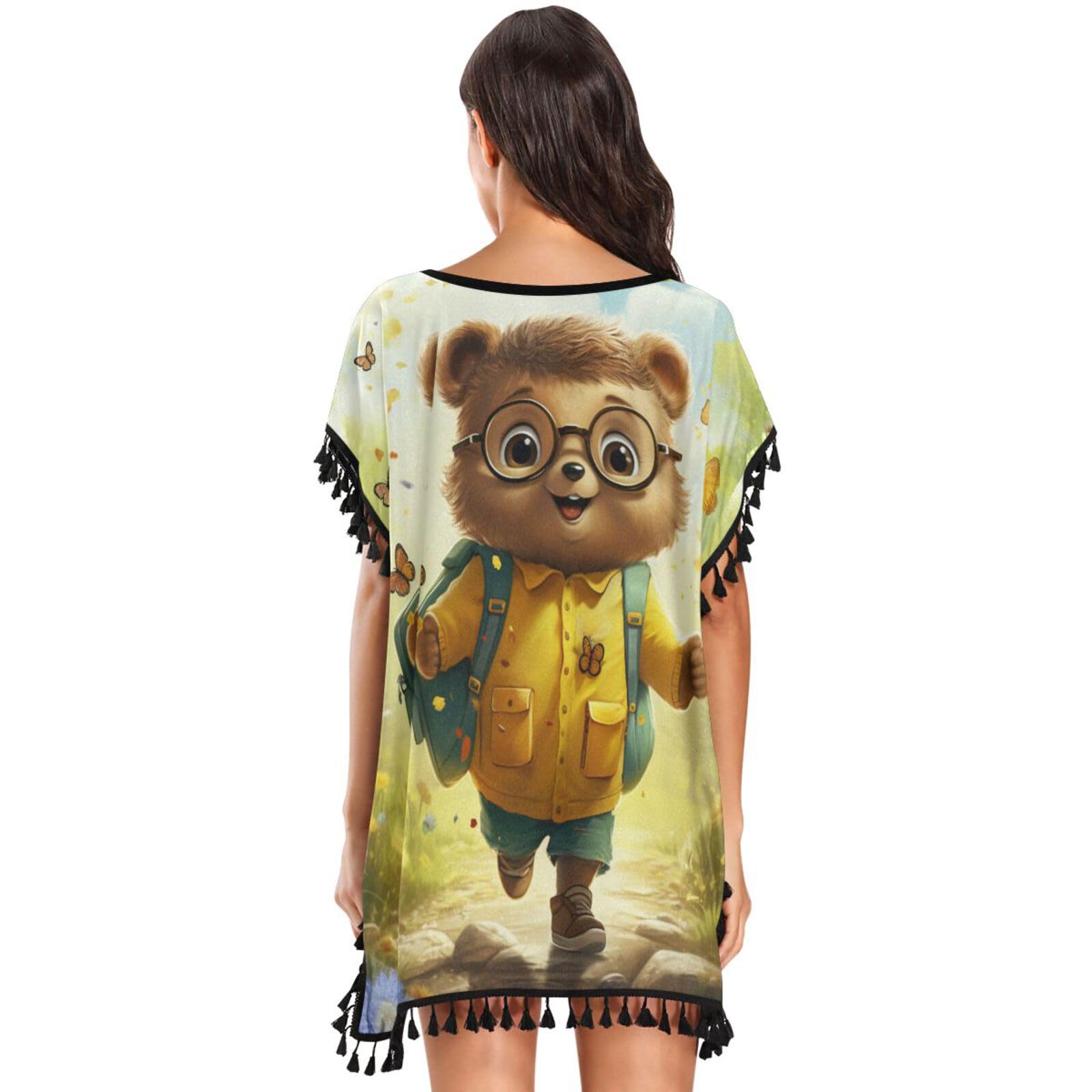Crayon Art Brown Bear Women's Beach Cover Up Chiffon Tassel Swimwear Swimsuit Coverups for Girl