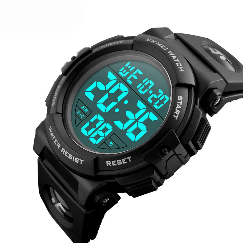 Gosasa Men 's Large Face Digital Outdoor Sports Waterproof Watch LED Luminous Alarm Stopwatch Simple Army (Black)