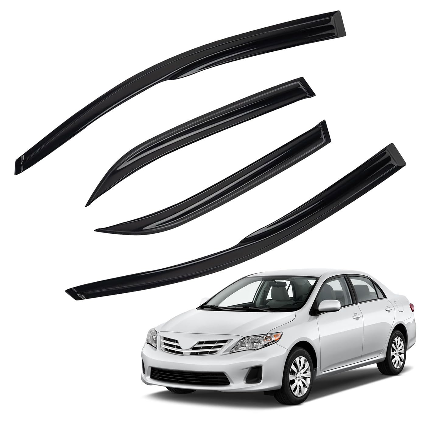 4pcs jdm 3d wavy mu style window visors compatible with 2009-2013 toyota corolla, front+rear left+right outside mount type dark smoke tint tape-on side sun rain guards set of 4