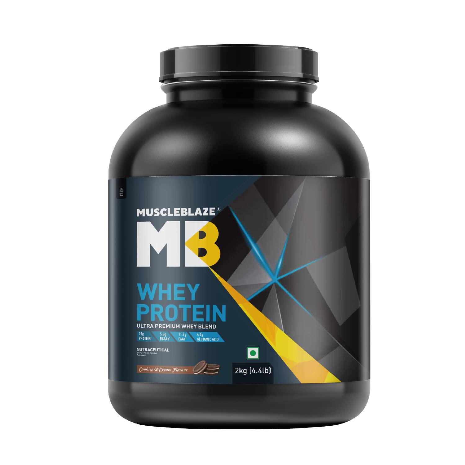 MuscleBlaze100% Whey Protein, Ultra Premium Blend with Whey Protein Concentrate & Whey Protein Isolate, 25 g Protein per Scoop (Cookies & Cream, 2 kg / 4.4 lb)