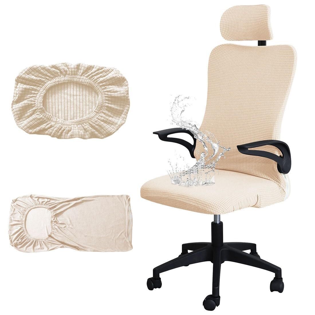 PBTMCD Office Chair Cover With Headrest, Stretch Jacquard Gaming Slipcover For High Back Computer Desk Rotating Armchair(Beige Yellow)