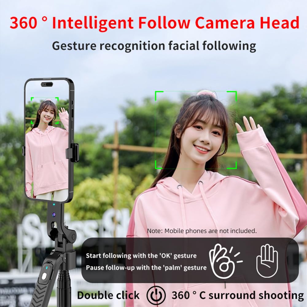 Hanzete - Bastone per selfie multifunzione 3 in 1 da 70,8 pollici, stabilizzatore cardanico con supporto asta telescopica in lega di alluminio, riconoscimento facciale anti-agitazione, controllo dei