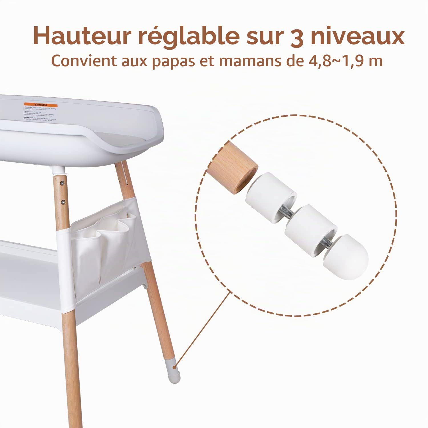 Beberoad Table à Langer Avec Grand Rangement et Sac Étanche, Blanc | Réglable en Hauteur, Coussinet Souple, Charge Max 25KG