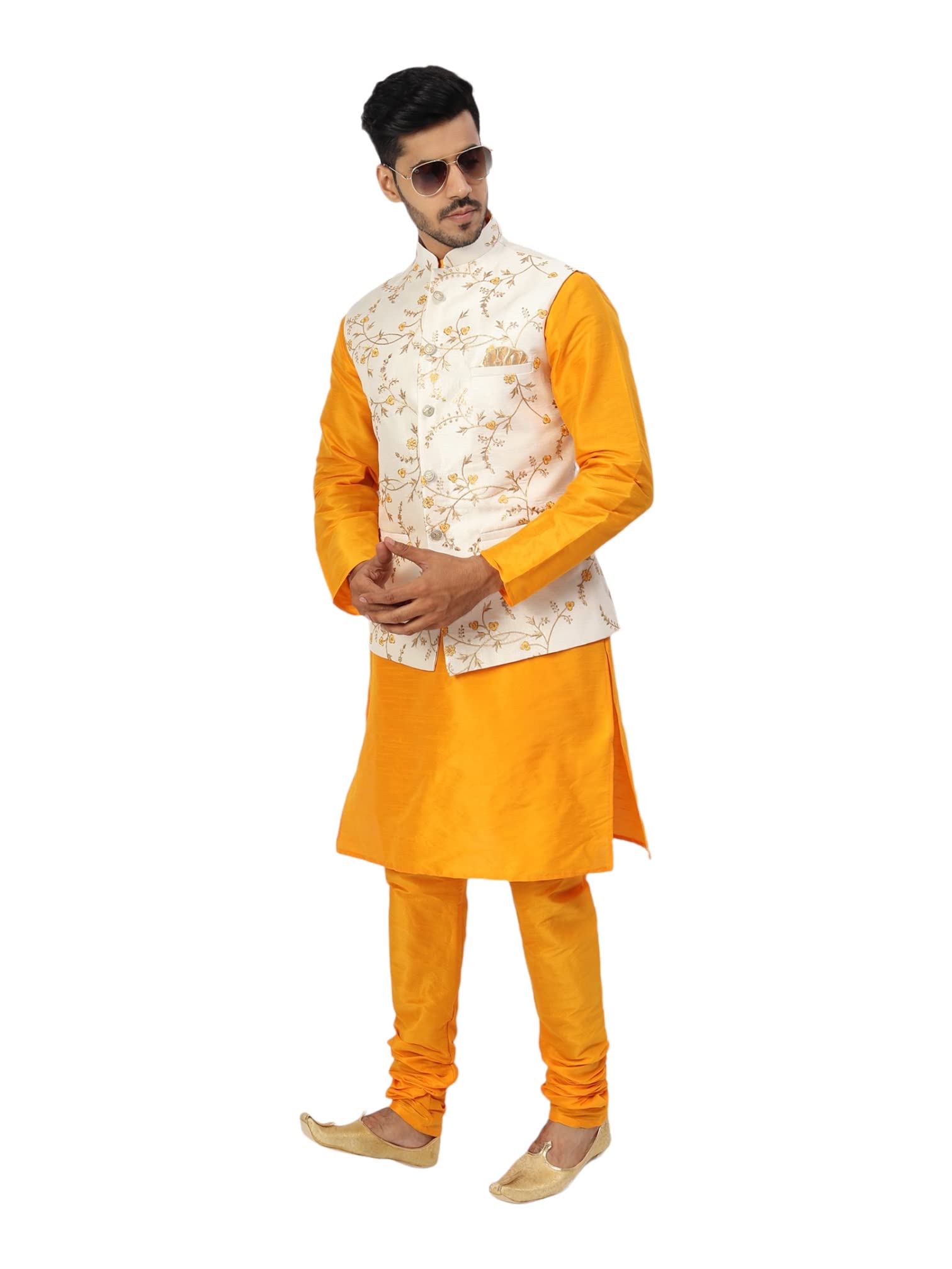 Zoravo Men's Dupion Silk Kurta Pyjama with Stylish Bundi Nehru Jacket/Waistcoat