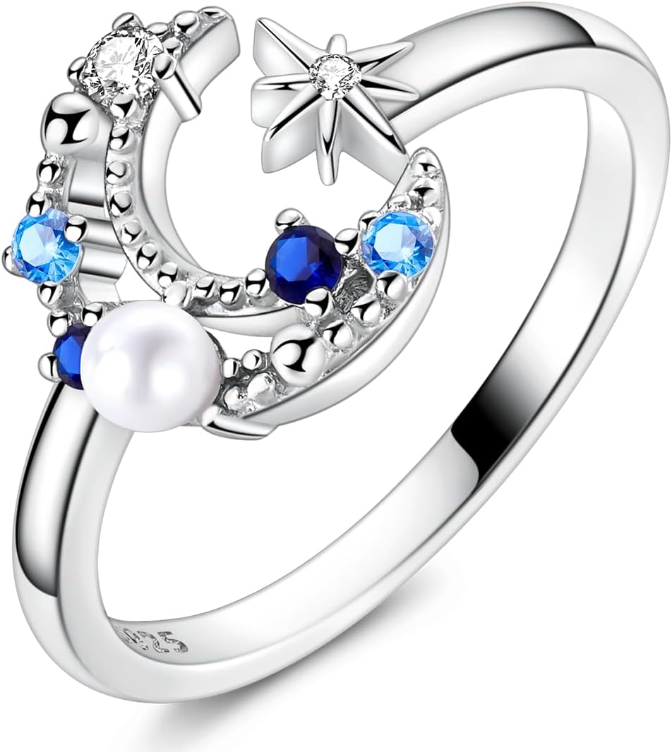 Hapour Adjustable Moon Star Ring for Women S925 Sterling Silver Open Eternity Band Crescent CZ Pearl Statement Rings