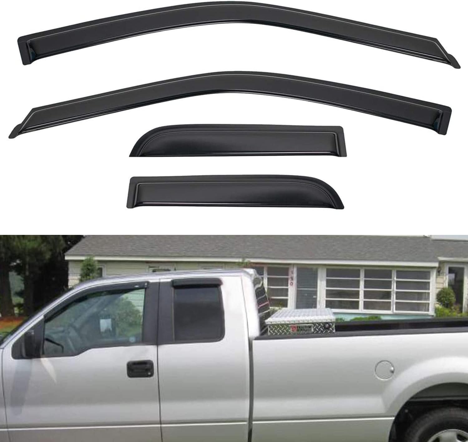 4pcs Front+Rear Smoke Tint Sun/Rain Guard Outside Mount Tape-On Vent Window Visors Compatible with 15-24 F150 17-24 F250/F350/F450/F550 Super Duty Extended (Super) Cab with Half Size Rear Doors