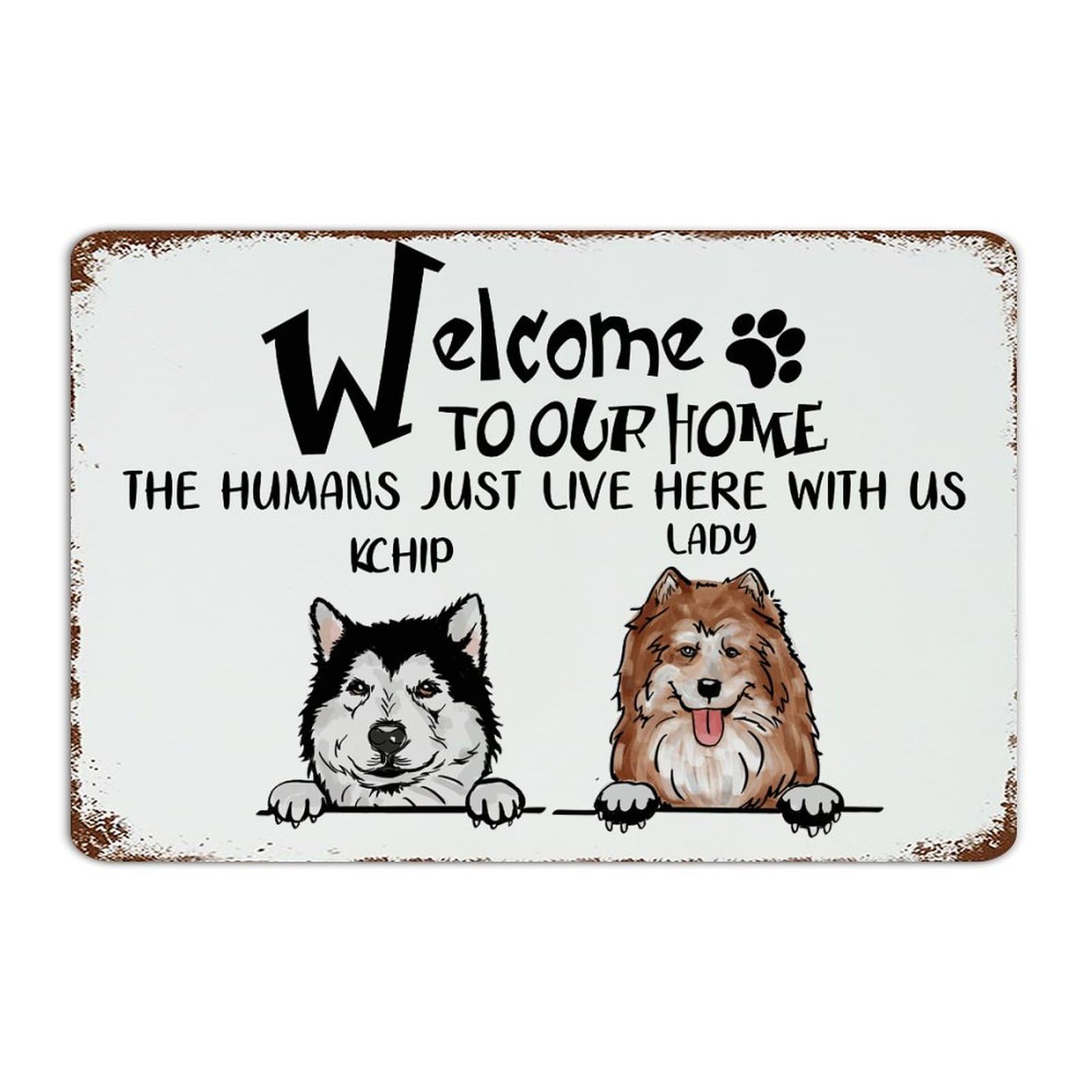 Plaque en métal amusante Welcome to Our Home déco chat chien