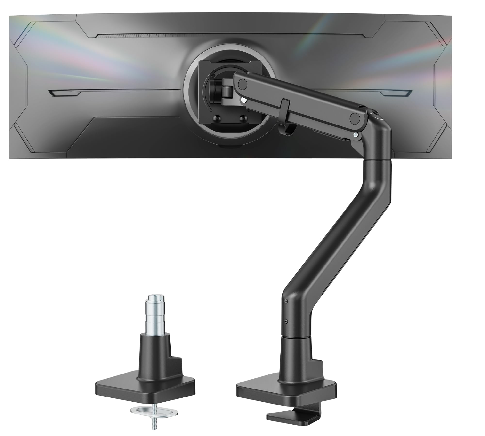 monTEK Soporte Monitor Reforzado para 17-57", hasta 27 kg | Brazo con resorte de gas, altura ajustable y movimiento completo para monitores ultrapanorámicos, VESA 75x75/100x100, negro.