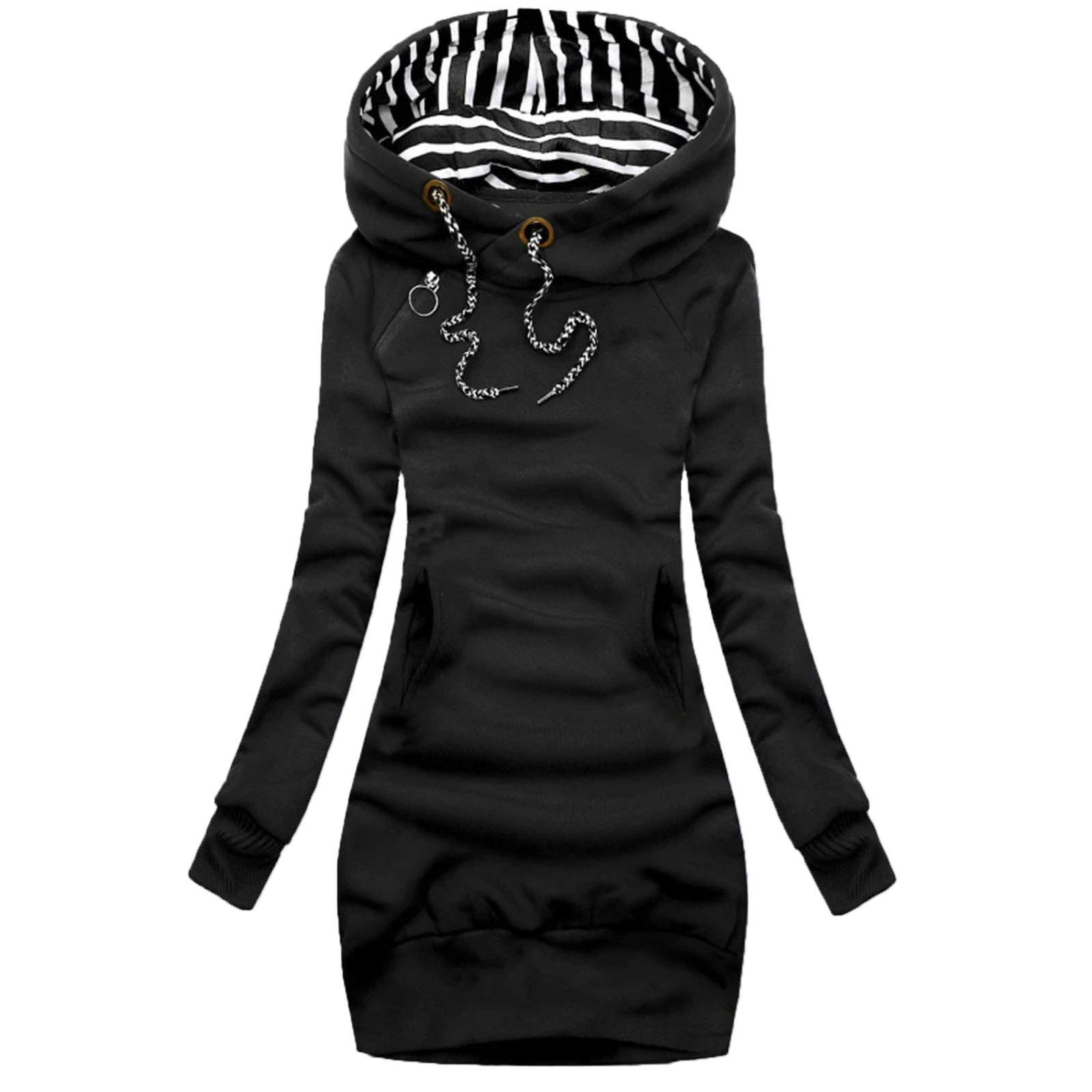 Rękaw długa kieszeń jednolity golf top damska bluza w paski moda damska płaszcz z kapturem płaszcz, Czarny, 3XL