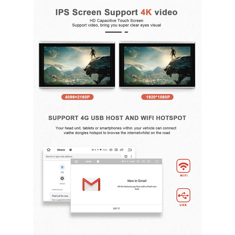 Odtwarzacz wideo WiFi na zagłówek, Android 9.0, na samochodowe tylne siedzenie, telewizor z uchwytem montażowym, ekran dotykowy IPS, telewizor samochodowy dla dzieci, do podróży, obsługa wideo HD 1080P