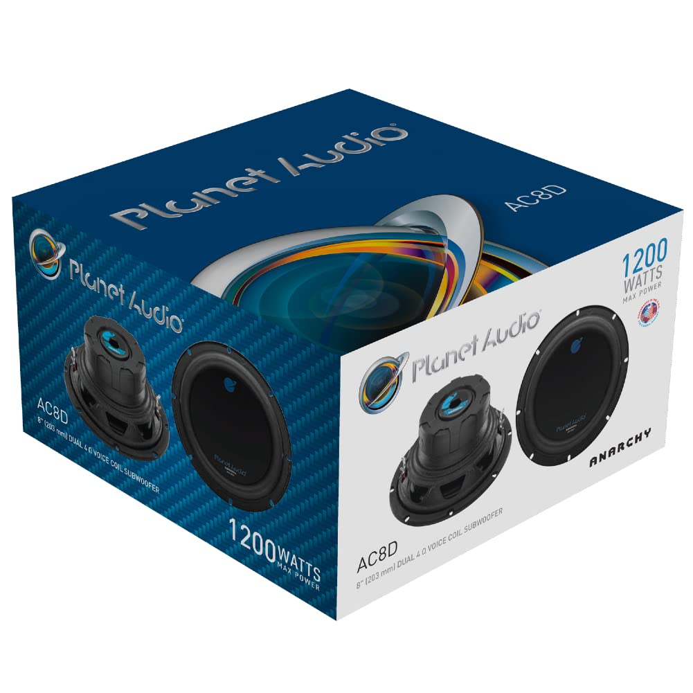 SET PER PLANET AUDIO AC8D 1 subwoofer da 20 cm 200 mm 8" 600 watt rms e 1200 watt max dvc dual voice coil doppia bobina 4 ohm per auto o in cassa + anello, 1 pezzo