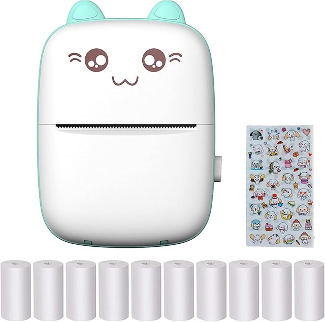Mini Photo Printer, Thermal Label Printer with Usb Recharge Portable Bluetooth Wireless Photo Printer with 10 Rolls of Thermal paper for Android iOS (White-Green)