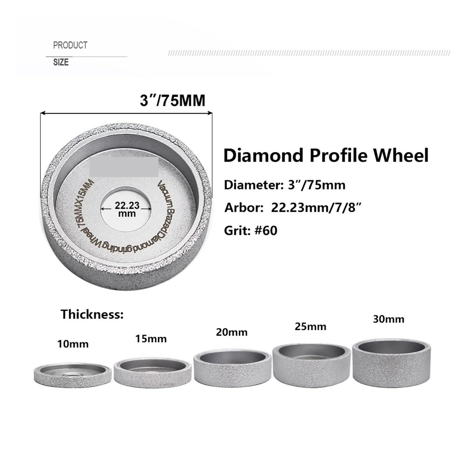 Diamentowe tarcze szlifierskie, Diamentowa Tarcza Szlifierska O Profilu Płaskim Lutowana Próżniowo Średnicy 3 Cali/75 Mm, Grubość Tarczy Diamentowej 10/15/20/25/30, Dostępna(20)