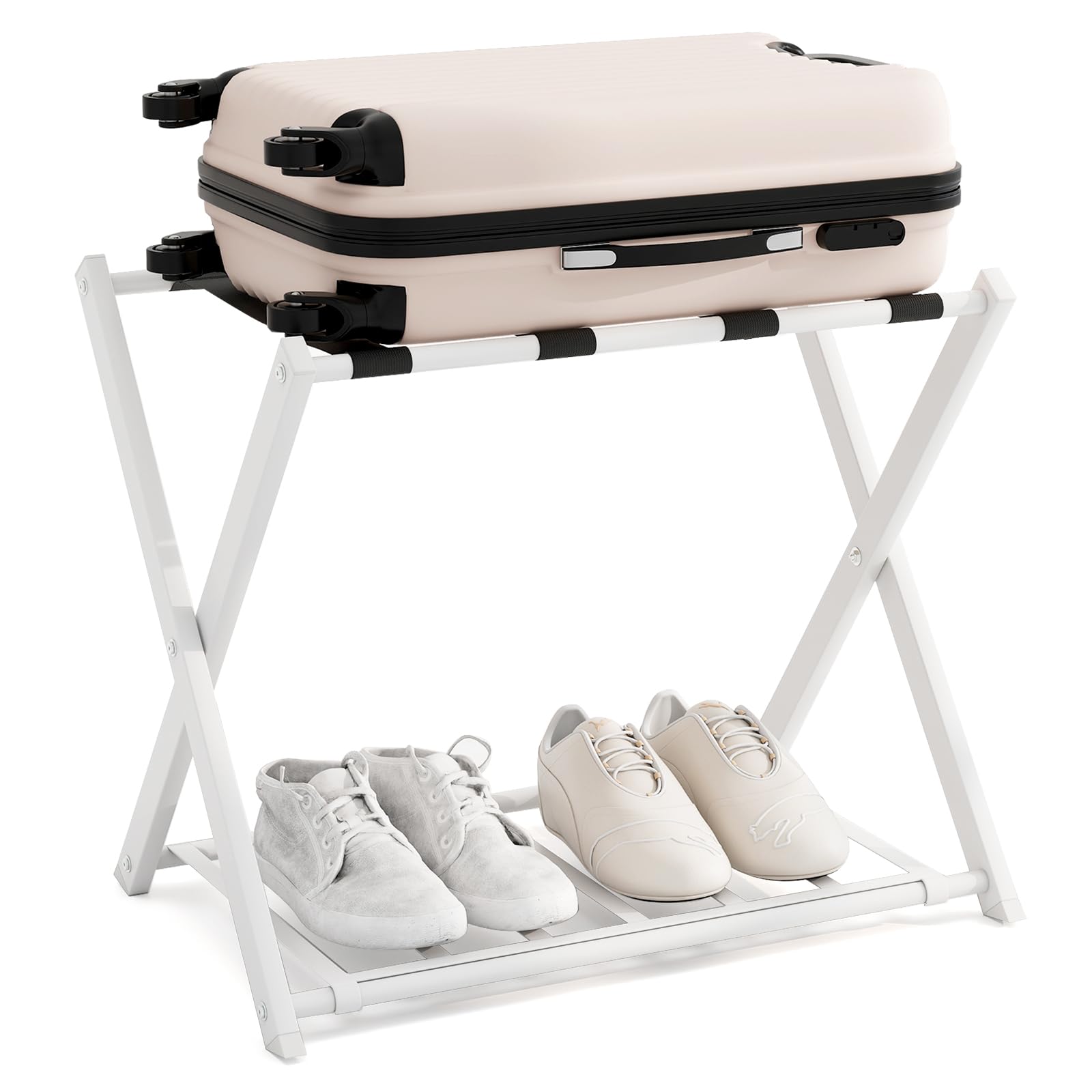 GIANTEX Kofferständer Klappbar, 2-Stöckige Kofferablage Metall, Gepäckablage Gepäckständer Hotel Gästezimmer, Kofferbock Klappbar Platzsparend, Weiß + Schwarz, 68x 45 x 57 cm