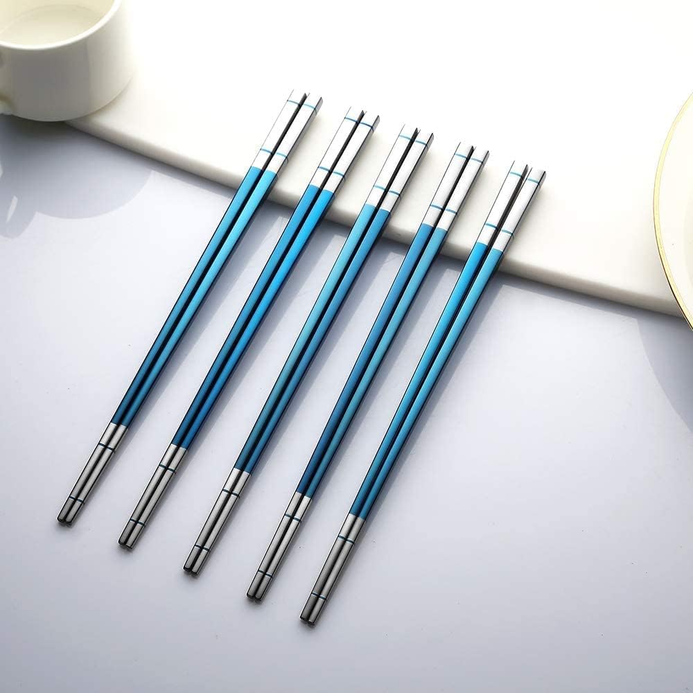 Bacchette In Acciaio Inox 304, Set Da 7 Paia - Lavabili In Lavastoviglie, Leggere, Quadrate, Antiscivolo - Ideali Per Sushi E Ramen (Blu) - 2