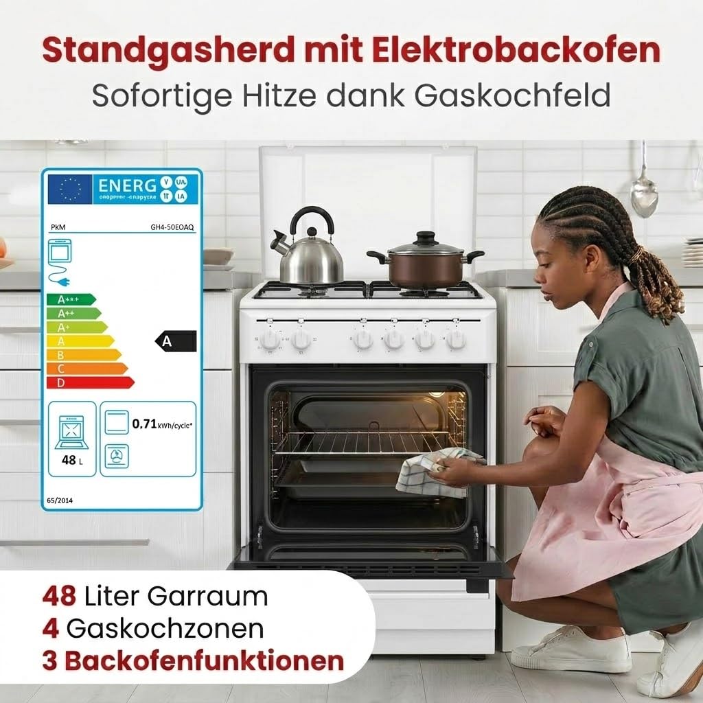 PKM GH4-50 EO AQ Stand-Gasherd 9050 Watt 50 cm 3 Backofenfunktionen Energieeffizienzklasse A