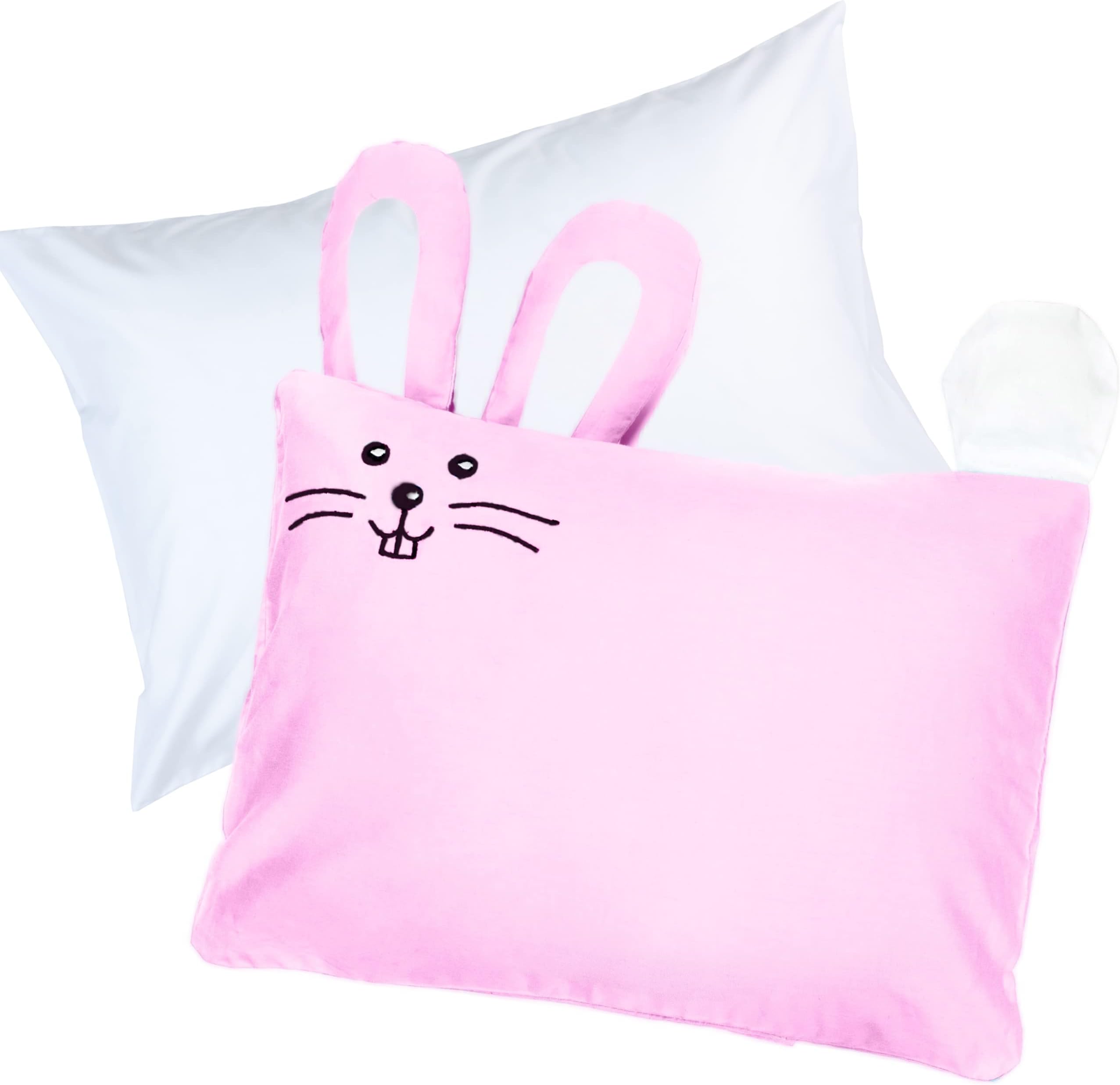 kinder Fluff Toddler Pillow with Pillowcase Pink Bunny Design - 33x46cm Durable, Hypoallergenic & Machine Washable with Envelope Closure. Perfect for Toddler Cot, Kids Bed Set, Infant & Travel - Pink